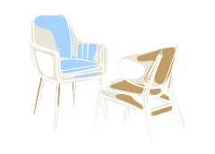 Illustration von Stühlen in weiß, blau und Sand Farben