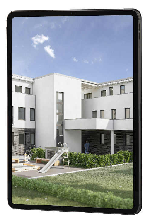 Bauprojekt Urban Living in Neuss Norf Rendering auf einem Tablet