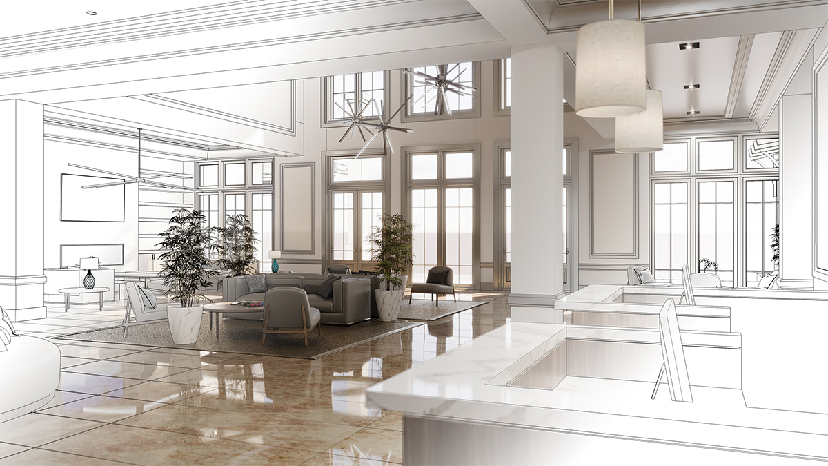 Große, weiträumige Interior Lobby als Architekten-Rendering